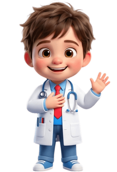 Smiling child doctor waving.