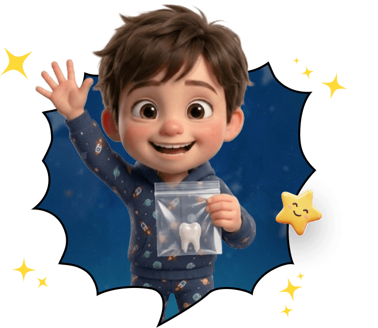 Smiling child waving while holding a keepsake tooth bag.