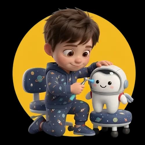 A child carefully brushing the teeth of a friendly astronaut character