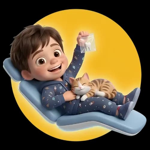 A relaxed child smiling in a dental chair while holding a tooth keepsake