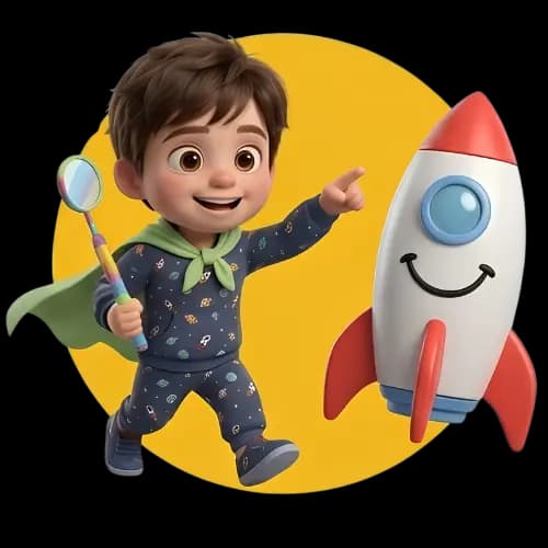 A confident child explorer holding a toothbrush beside a smiling rocket